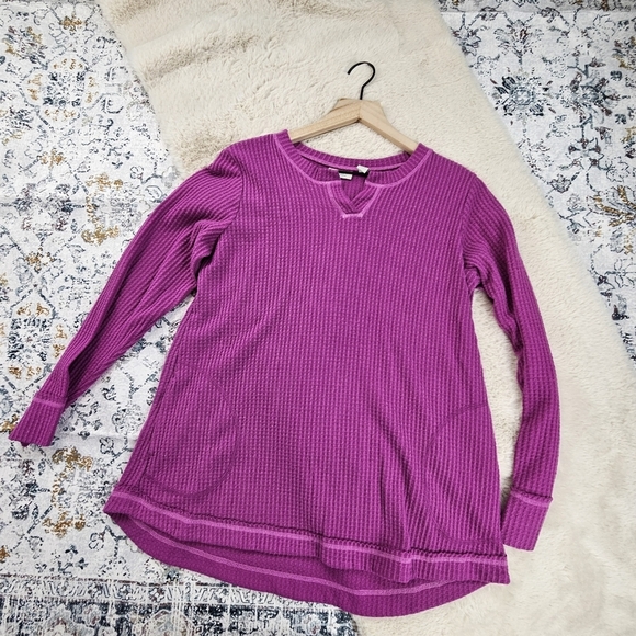 LOGO Lounge by Lori Goldstein Cloud Waffle Split Neck Top Wanda US Small - Picture 1 of 8